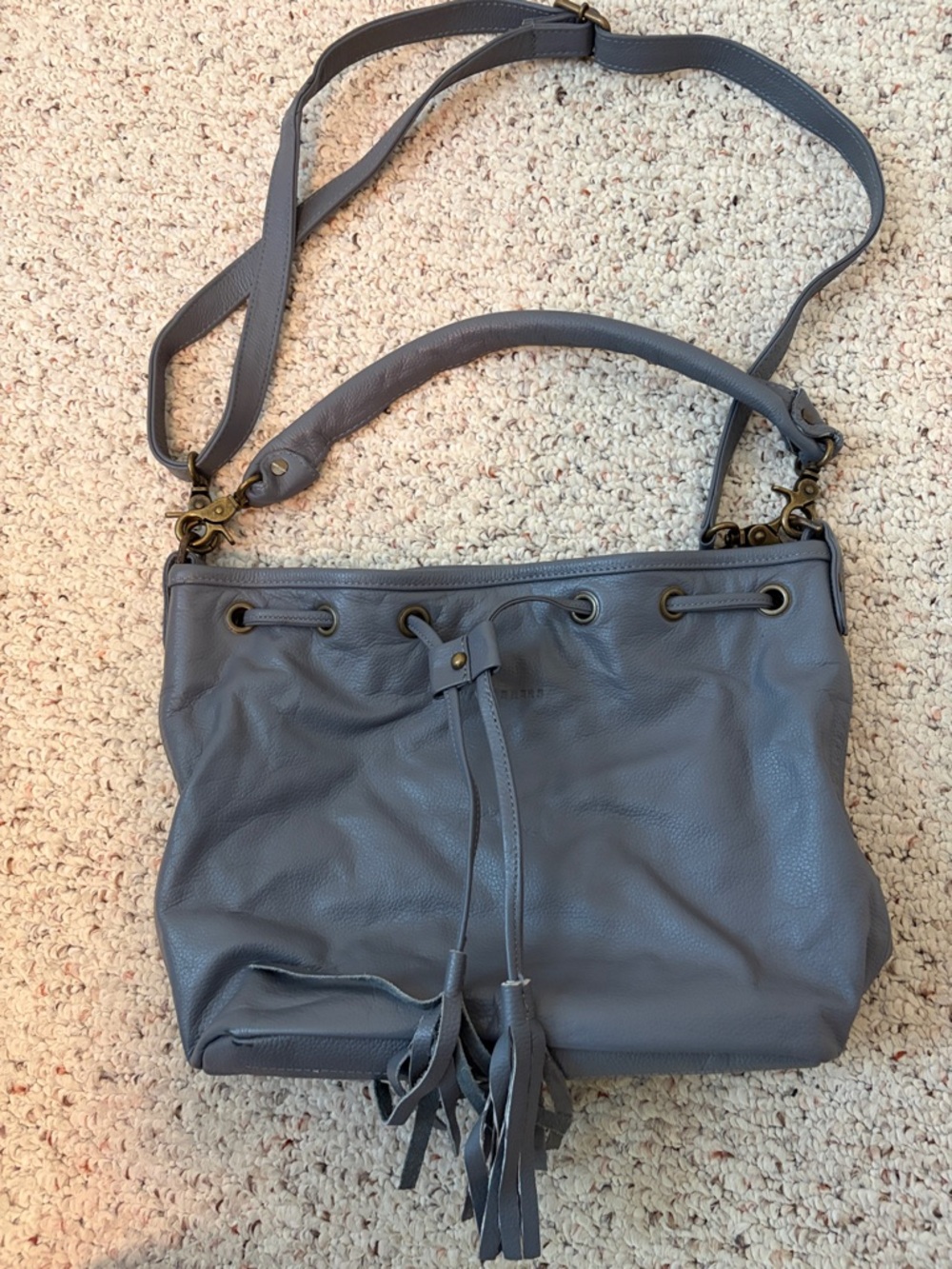 Gray Leather Tassel Drawstring Shoulder Bag